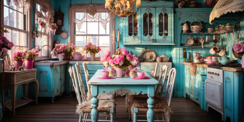 Whimsigothic rustic aqua blue color wood kitchen interior design, roses flowers, wide banner