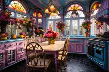 Fototapeta na wymiar Whimsigothic style pink and blue kitchen interior design, windows looking onto forest