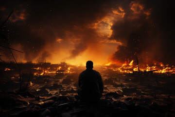 A soldier's weary silhouette against the backdrop of a fiery, war-torn horizon. Concept of the toll of warfare on individuals. Generative Ai.