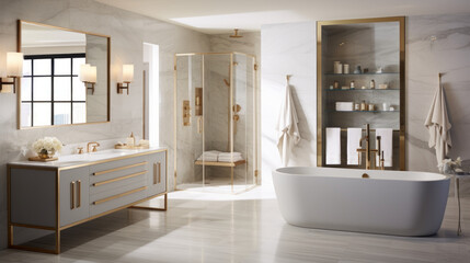 modern bathroom features a large walk-in shower and a two-person vanity and a large soaking tub The walls and floor are tiled in marble and gold fixtures provide a touch of luxury - obrazy, fototapety, plakaty