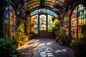Whimsigothic style greenhouse with colorful stained glass windows