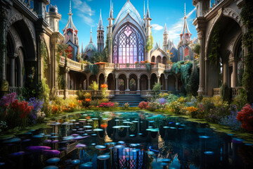 Whimsigothic style castle with garden and blue water pool, fantasy