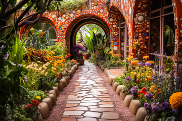 Fototapeta na wymiar Whimsigothic eclectic style garden path, flowers, red walls