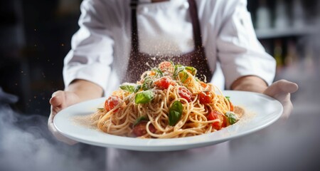 Chef in the kitchen serves up a mouthwatering plate of Italian spaghetti bolognese - obrazy, fototapety, plakaty