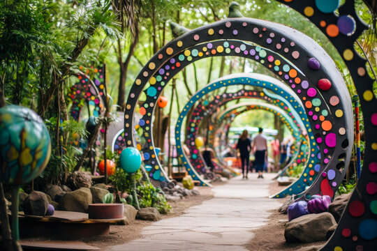 Fun whimsical colorful circle arches over path through garden