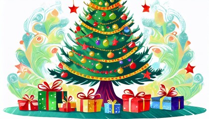 Christmas tree and gifts, beautiful card with place for text, banner and screensaver