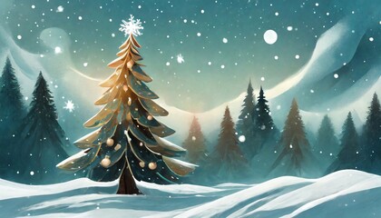 Christmas tree in a snowy forest with place for text. Postcard and banner template, background image.