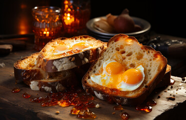 A delicious breakfast sandwich with a perfectly cooked egg. A piece of bread with an egg in it