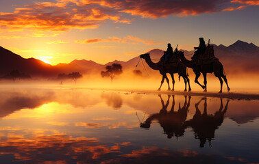 People riding on camels in the desert. A couple of people riding on the backs of camels - obrazy, fototapety, plakaty