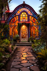 Fototapeta premium Whimsigothic style greenhouse in the garden at night, vertical