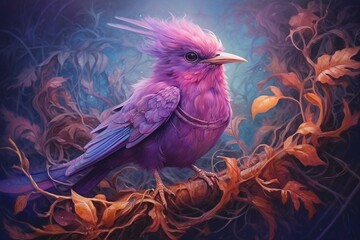 Fairy bird in purple haze. Generative AI