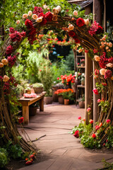 Whimsigothic garden arch with red and white roses flowers, vertical - obrazy, fototapety, plakaty