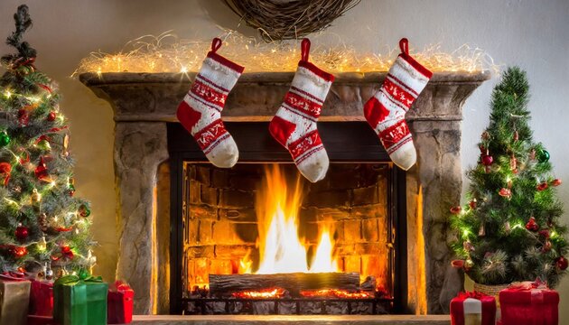 Christmas fireplace with stockings on the fireplace, holidays and cards 