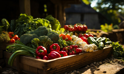 A colorful assortment of fresh vegetables in a wooden crate. A wooden box filled with lots of different types of vegetables