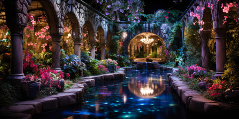 Whimsigothic style garden courtyard pool at night, stone pillars, flowers, plants, wide