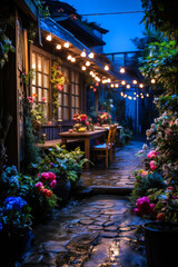 Fototapeta na wymiar Whimsigothic cozy garden patio at night, vintage bulb lights, wet from rain, cool blue, vertical