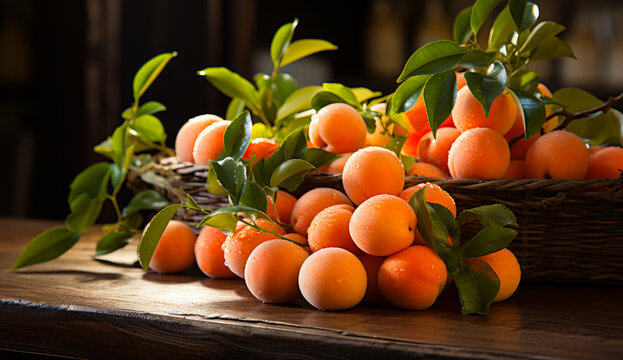 Ripe apricots on a table. A bunch of ripe apricots sitting on a table