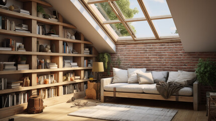 Fototapeta premium modern attic features a cozy reading nook and exposed brick walls and a skylight