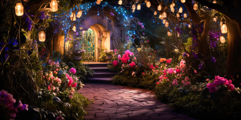 Whimsigothic style garden at night, lights, flowers, wide