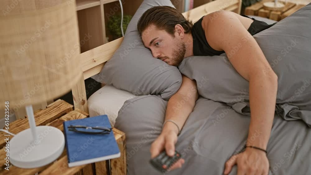 Wall mural Young hispanic man watching tv lying on sofa with boring expression at bedroom