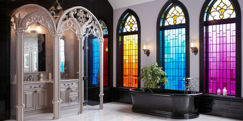 Fototapeta na wymiar Whimsigothic style bathroom with colorful glass windows and black bathtub, wide