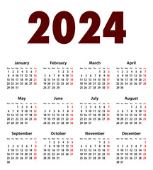 Fototapeta na wymiar English Calendar grid bold digits for 2024. MF