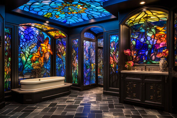 Whimsigothic style bathroom interior design with colorful stained glass windows and ceiling, blue