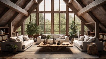 modern attic features a cozy sitting area with a sofa and exposed wood beams and and an abundance of natural light