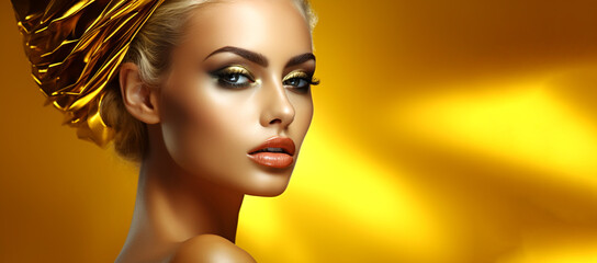 Fashion model girl with golden makeup. Art design. Close-up. - obrazy, fototapety, plakaty