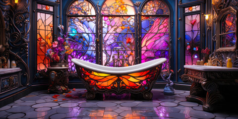 Whimsigothic style bathroom interior design with colorful stained glass butterfly bathtub and windows, wide