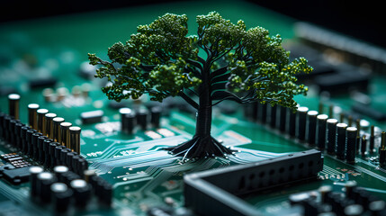 Green tree growing on computer motherboard. electronic circuit board, green computing, green technology. Ecological technological concept