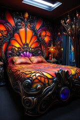 Whimsigothic style bedroom interior design with orange butterfly bed, vertical
