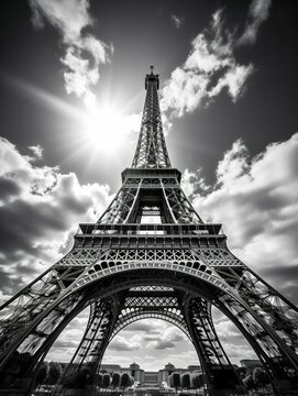 Black and white photograph of Eiffel Tower in Paris