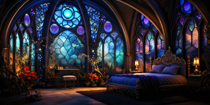 Whimsigothic style bedroom interior design with blue stained glass windows, dark, wide