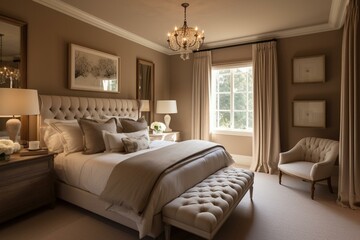 Beige toned bedroom with beautiful interior design. Generative AI