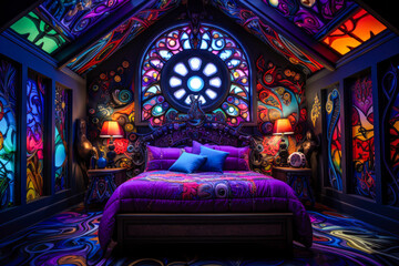 Whimsigothic style dark colorful bedroom interior design