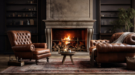 luxurious living room is cozy and inviting and featuring a tufted leather sofa and a cozy armchair and and a fireplace