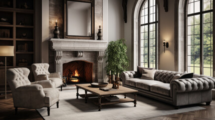 luxurious living room is cozy and inviting and featuring a tufted leather sofa and a cozy armchair and and a fireplace