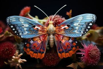 Fototapeta na wymiar A vividly colored moth resting on a night-blooming flower, its wings resembling a piece of art. Generative Ai.