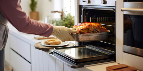 Generated imageA woman skillfully takes out a perfectly cooked Thanksgiving turkey from the oven, the essence of traditional feast and culinary joy.