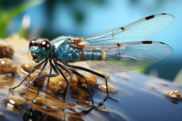 A metallic blue damselfly delicately perched on a reed by a calm pond. Generative Ai.