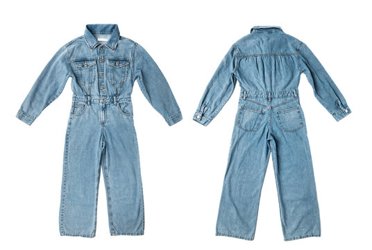 children's fashionable light blue denim overalls shorts isolated on a white background close-up front and back view