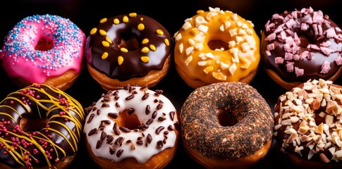 Fototapeta premium Set of donuts isolated on black background. Close-up.