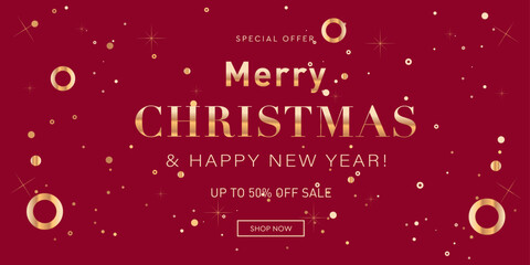 Trendy Design for Merry Christmas and Happy New Year Promotion. Abstract 3D Patterns Suitable for Web, Social Media, Print, Posters, Banners, Placards, Covers, with Special Offer of 50% Off.
