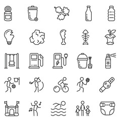 Waste and sports hotel icons set
