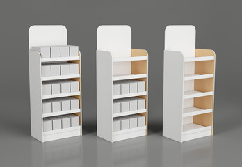 Trade display with cardboard shelves with goods. Set of 3D illustrations