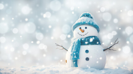Obraz premium happy snowman in winter, Christmas winter background with snow and blurred bokeh. Merry christmas and happy new year with copy-space.
