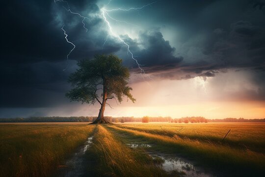 an electrifying scene with a lightning bolt striking a tree-filled field and a dramatic cloudy sky. Generative AI