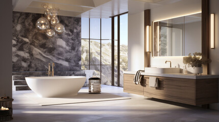 luxurious bathroom contains a deep soaking tub and a custom vanity with a vessel sink