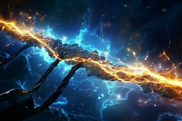 An illustration of high voltage concept with electricity sparkles emanating from a cable. Generative AI